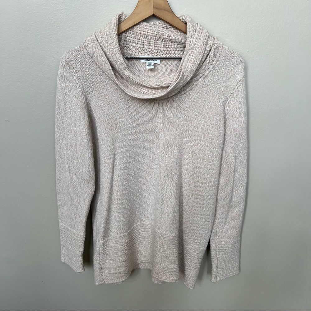 Calvin Klein Tan Beige Cowl Neck Casual Knit Ribbed Sweater Size Medium